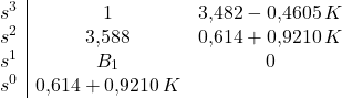 \[\begin{array}{c|cc} s^3 & 1 & 3{,}482 - 0{,}4605\, K \\ s^2 & 3{,}588 & 0{,}614 + 0{,}9210\, K \\ s^1 & B_1 & 0 \\ s^0 & 0{,}614 + 0{,}9210\, K & \end{array}\]