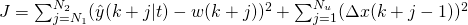 J=\sum_{j=N_1}^{N_2}(\hat{y}(k+j|t)-w(k+j))^2+\sum_{j=1}^{N_u}(\Delta x(k+j-1))^2